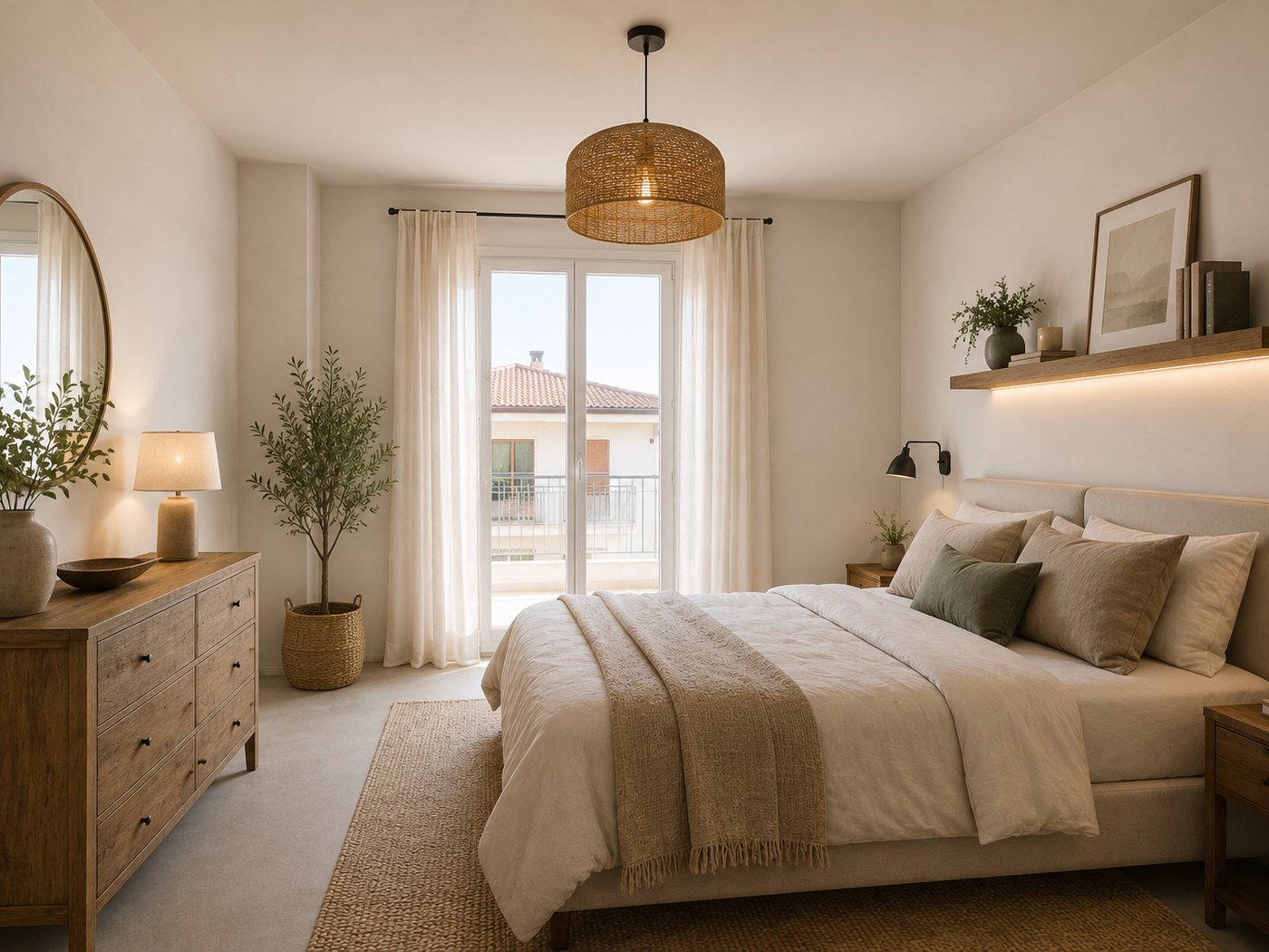 La stessa camera arredata digitalmente: letto, comò in legno, tessili e piante