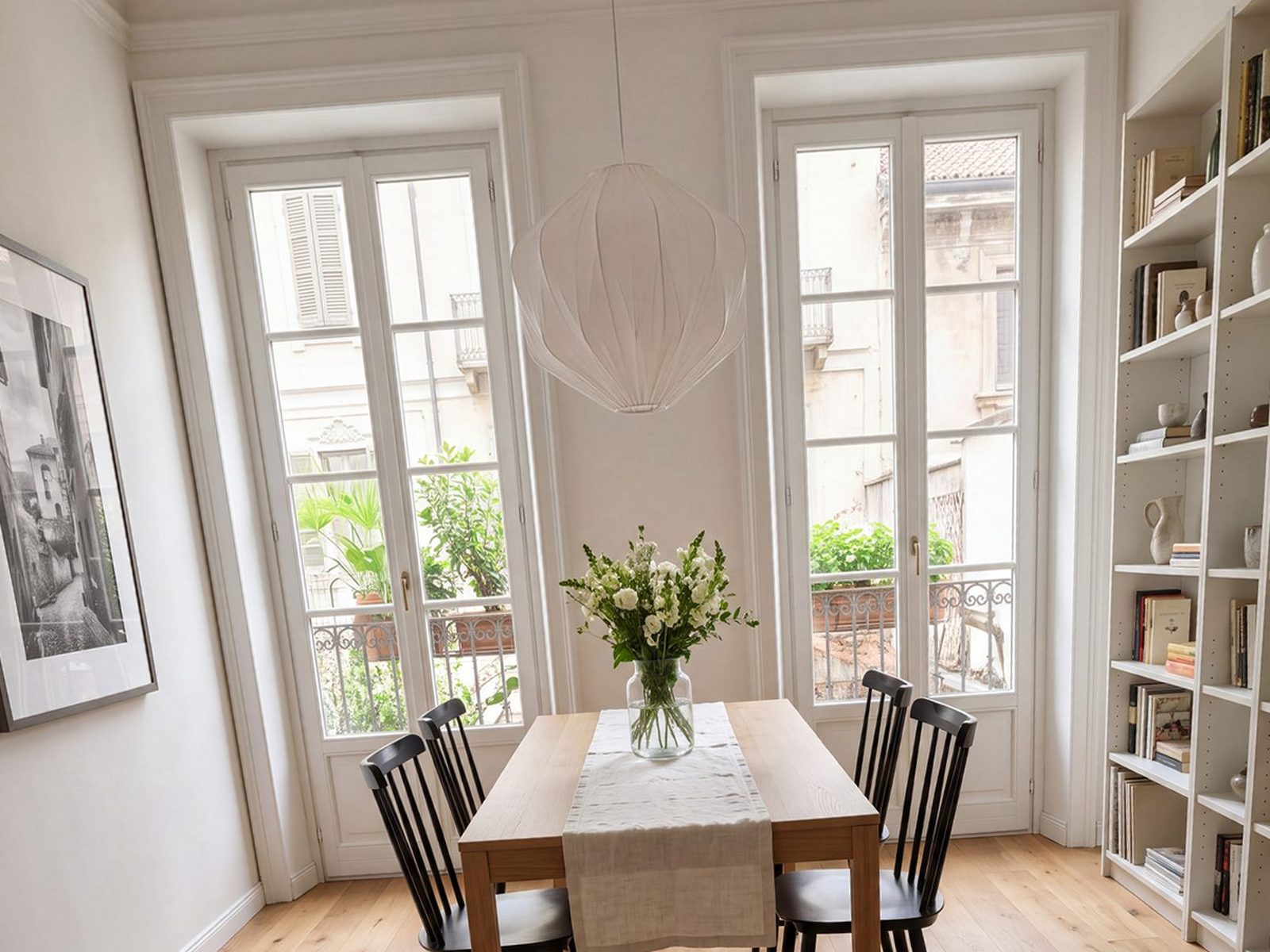Sala da pranzo fotografata con il telefono inclinato: portefinestre cadenti